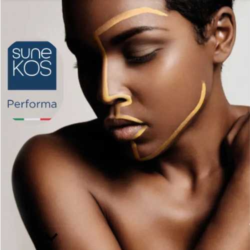Model with facial contour lines illustrating treatment zones for Sunekos Performa amino‑acid skin booster.