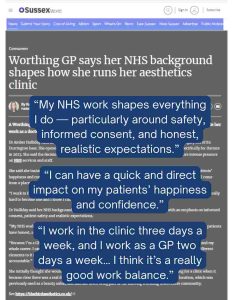 Quote: My NHS work shapes everything I do — particularly around safety, informed consent and honest, realistic expectations.”