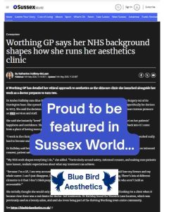 Screenshot of a Sussex World article featuring Blue Bird Aesthetics and Dr Amber Halliday.
