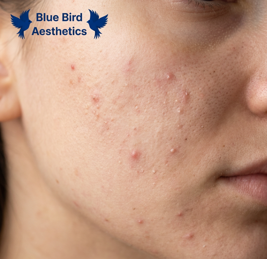 Close‑up of adult acne on the cheek showing red inflammatory breakouts and uneven skin texture.