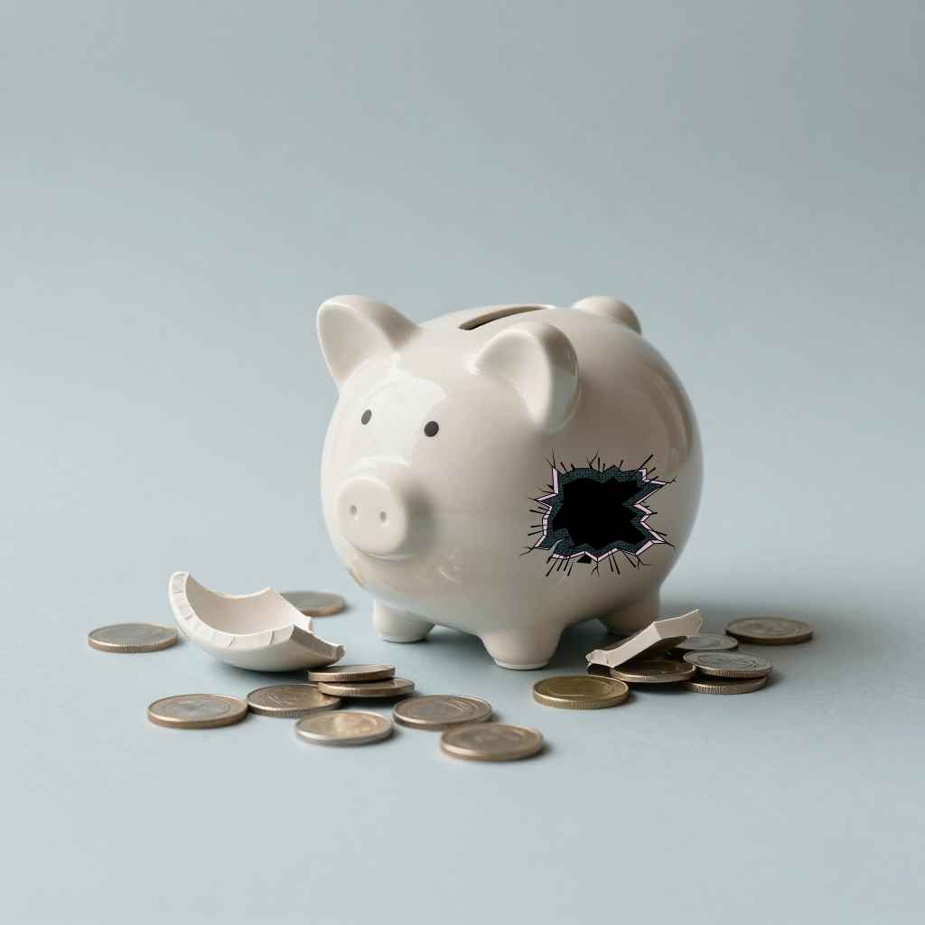 Broken white piggy bank with a large hole, surrounded by scattered coins and ceramic pieces on a light background.