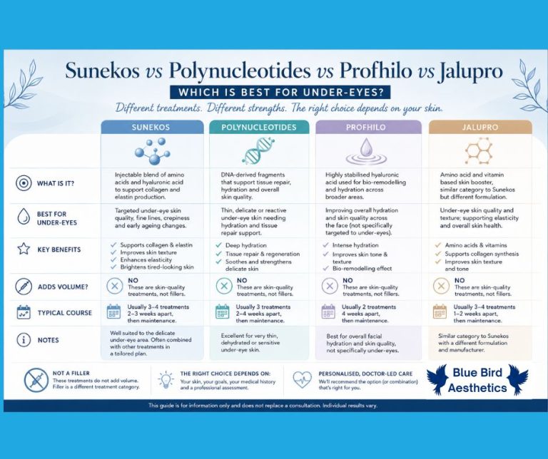 Comparison chart showing Sunekos, Polynucleotides, Profhilo and Jalupro for under‑eye treatment, outlining what each is, best uses, benefits, treatment course and notes