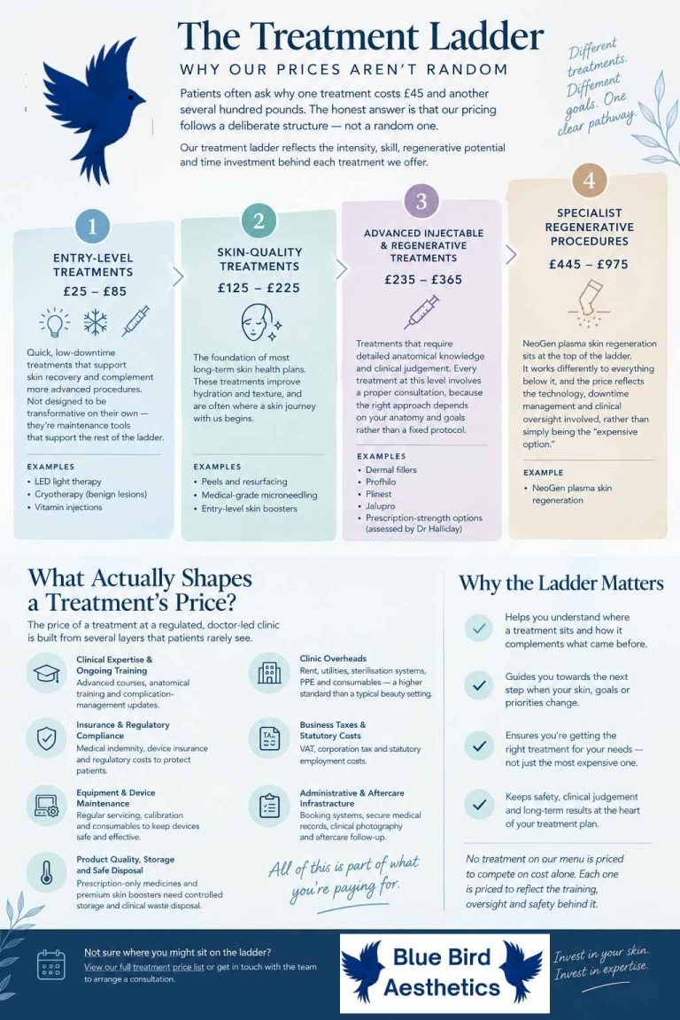 Infographic showing the Blue Bird Aesthetics treatment ladder, explaining four tiers of aesthetic treatments from entry‑level to specialist regenerative procedures, with pricing ranges and factors that shape treatment costs.